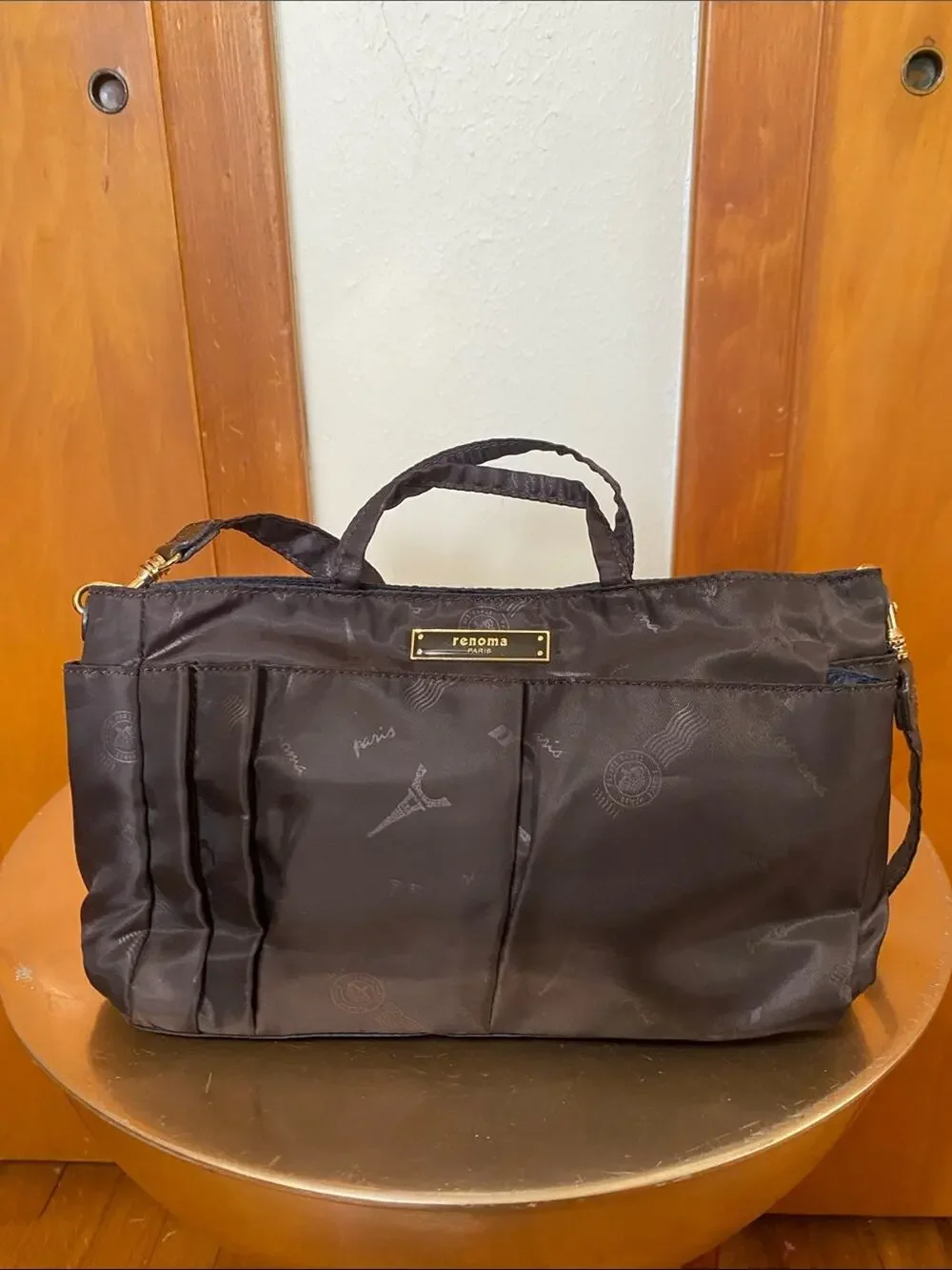Renoma Paris Purple Brown Nylon Small Tote Strap & Top Handles Gold Eiffel 9x6x3